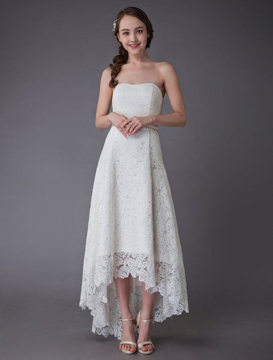 Simple Wedding Dresses Lace High Low Strapless Sash Asymmetrical Short Bridal Dress