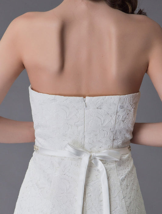 Simple Wedding Dresses Lace High Low Strapless Sash Asymmetrical Short Bridal Dress