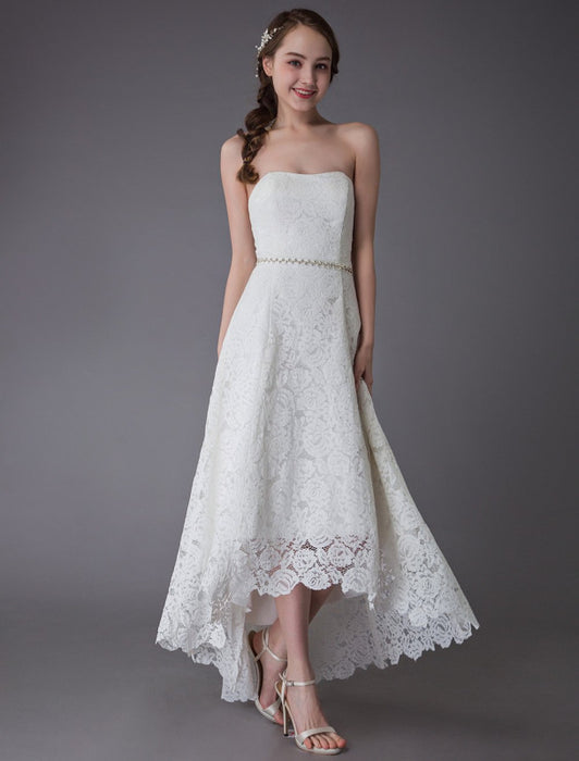 Simple Wedding Dresses Lace High Low Strapless Sash Asymmetrical Short Bridal Dress