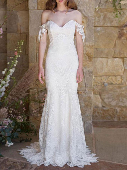 Simple Wedding Dresses 2021 Lace Sweetheart Off The Shoulder Mermaid Bridal Gown With Train for boho wedding