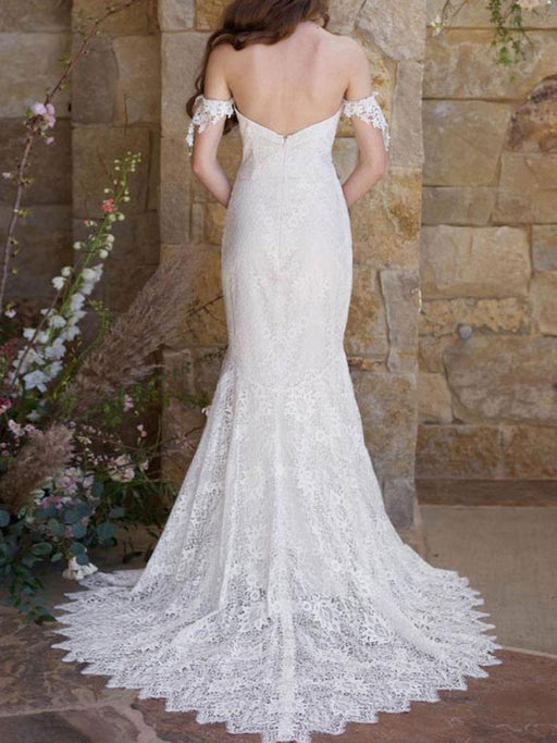 Simple Wedding Dresses 2021 Lace Sweetheart Off The Shoulder Mermaid Bridal Gown With Train for boho wedding