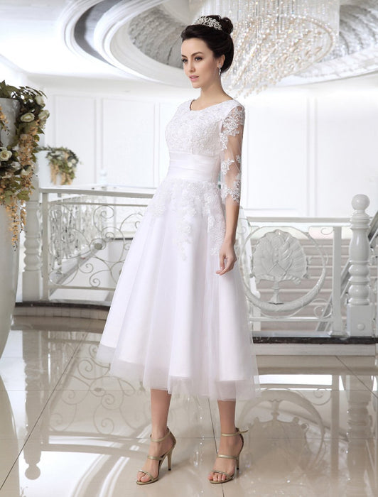 Simple Wedding Dresses 2021 Short Lace Applique illusion half sleeve tea length Bridal Dress