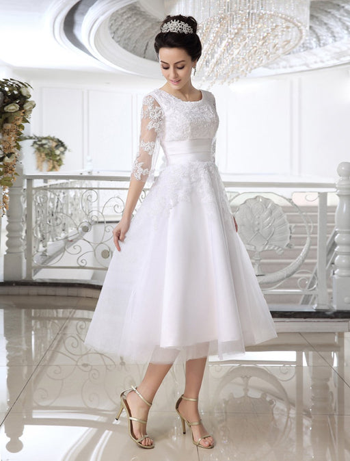 Simple Wedding Dresses 2021 Short Lace Applique illusion half sleeve tea length Bridal Dress