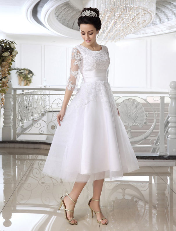 Short Wedding Dresses White Half Sleeve Lace Applique Tea Length Bridal Dress