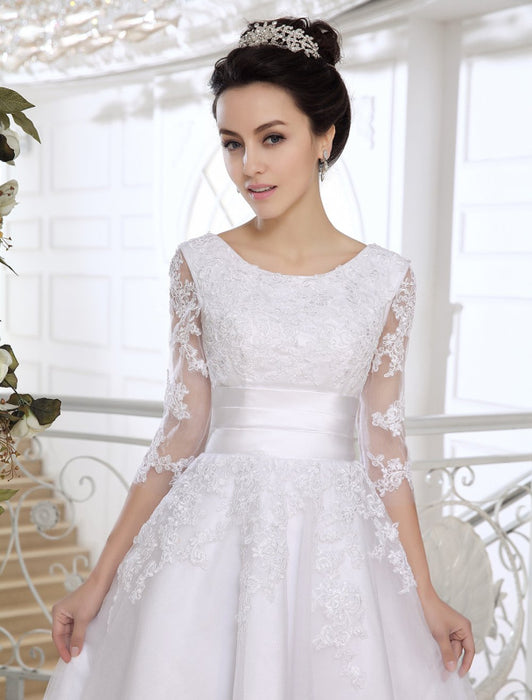 Simple Wedding Dresses 2021 Short Lace Applique illusion half sleeve tea length Bridal Dress