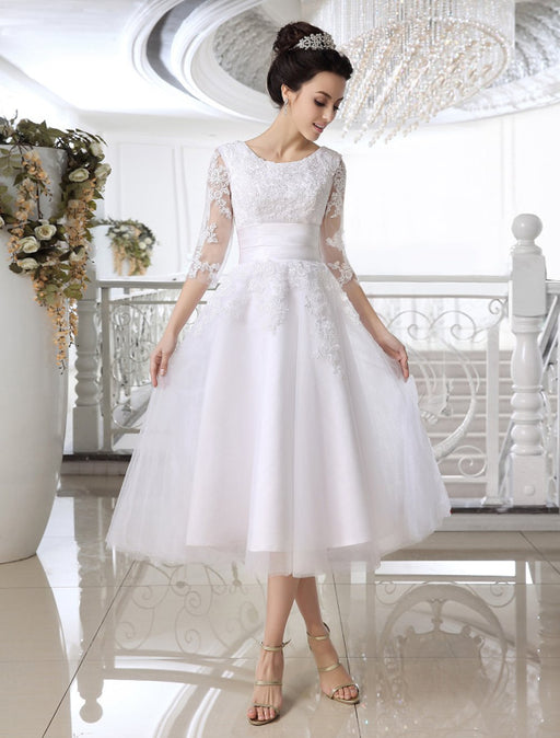 Simple Wedding Dresses 2021 Short Lace Applique illusion half sleeve tea length Bridal Dress