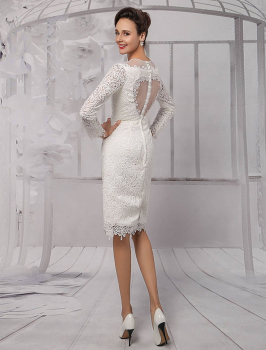 Simple Wedding Dresses 2021 Short Long Sleeve Illusion Neckline koyhole Knee length Sheath Bridal Dress misshow