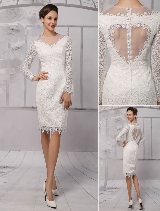 Simple Wedding Dresses 2021 Short Long Sleeve Illusion Neckline koyhole Knee length Sheath Bridal Dress misshow