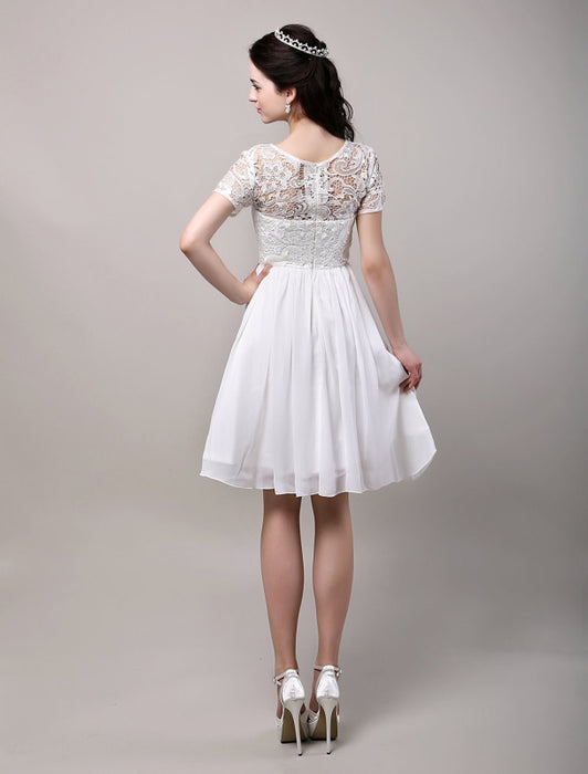 Simple Wedding Dresses Short sleeves Lace Bodice Chiffon Reception Bridal Dress