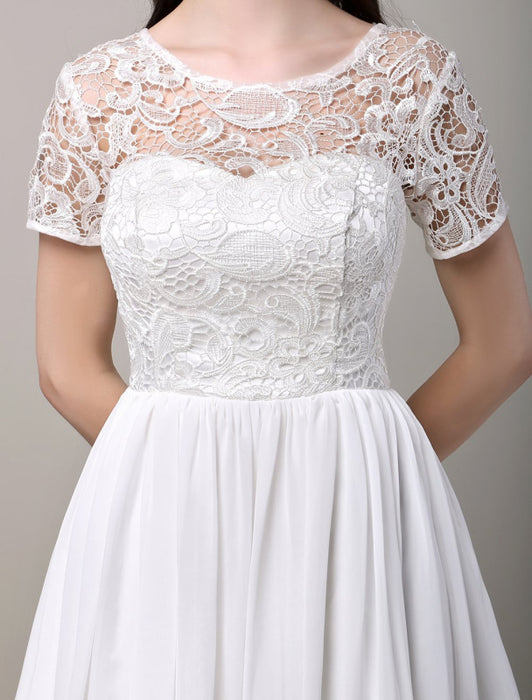 Simple Wedding Dresses Short sleeves Lace Bodice Chiffon Reception Bridal Dress