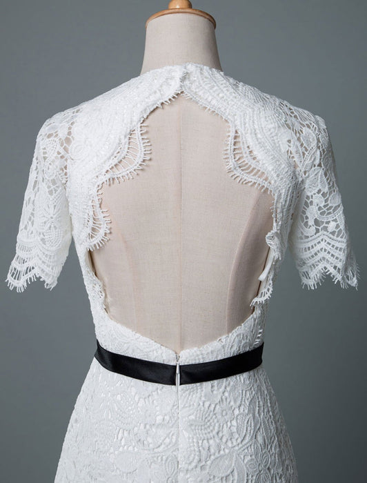 Simple Wedding Dresses V Neck Short Sleeves Sheath Knee Length Vintage Bridal Dresses