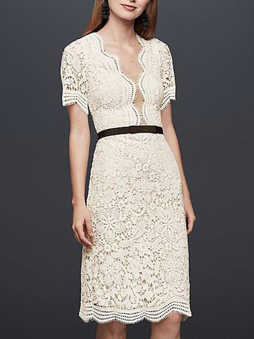 Simple Wedding Dresses V Neck Short Sleeves Sheath Knee Length Vintage Bridal Dresses