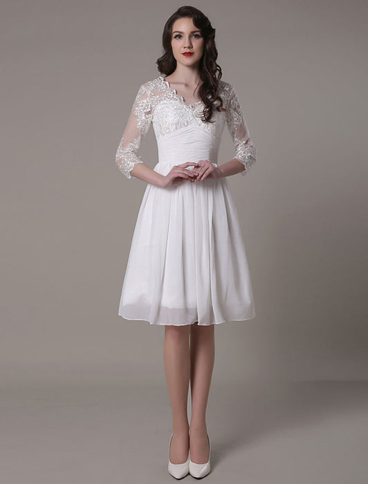 Simple Wedding Dressses Chiffon V Neck Lace A LinePleated Bridal Dress misshow
