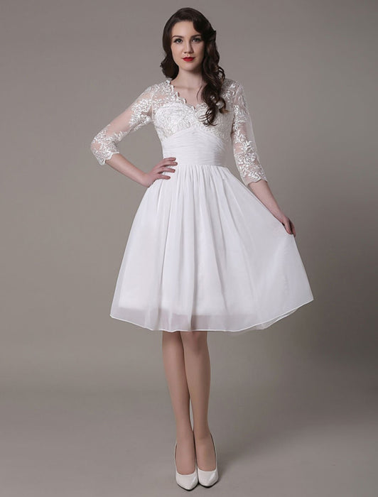 Simple Wedding Dressses Chiffon V Neck Lace A LinePleated Bridal Dress misshow