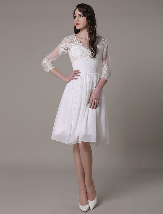 Simple Wedding Dressses Chiffon V Neck Lace A LinePleated Bridal Dress misshow