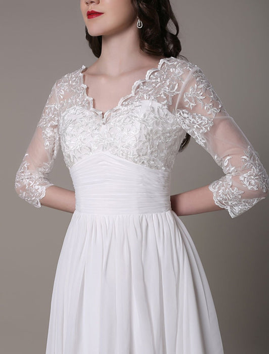 Simple Wedding Dressses Chiffon V Neck Lace A LinePleated Bridal Dress misshow