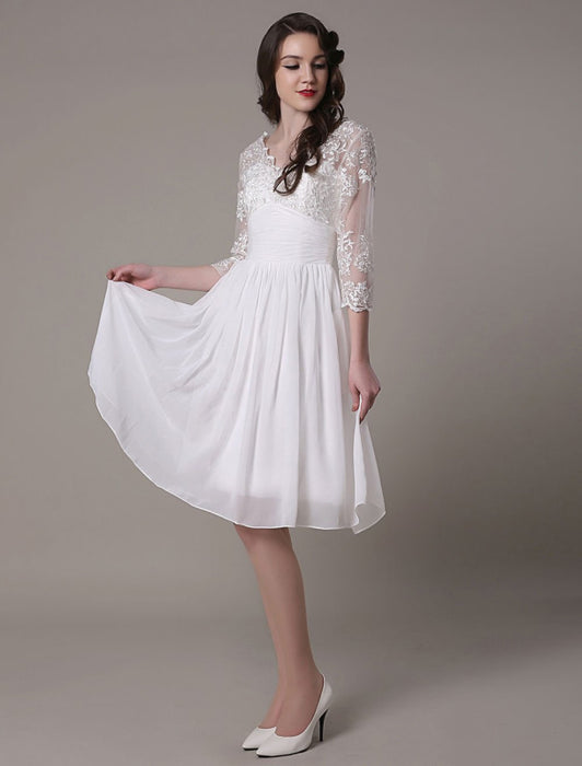 Simple Wedding Dressses Chiffon V Neck Lace A LinePleated Bridal Dress misshow