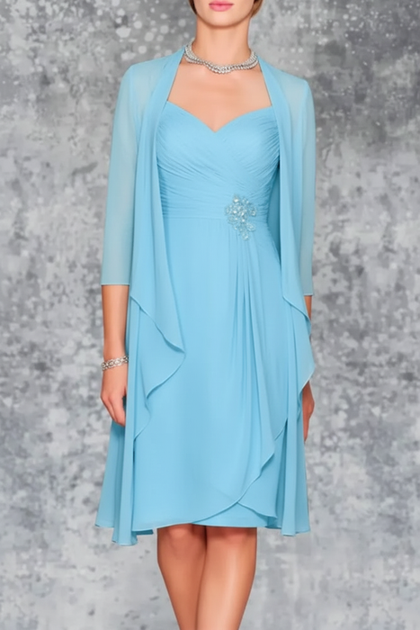 Sky Blue 3/4 Sleeves Knee Length Ruffle Chiffon Mother of the Bride Outfits with Lace - Prom Dresses