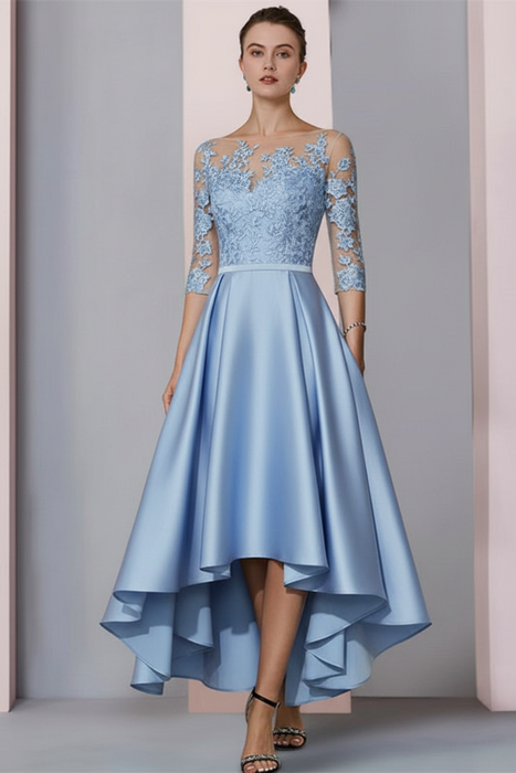 Sky Blue Mermaid Satin Hi-Lo Mother of-Bride Dress with Appliques - Prom Dresses
