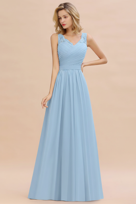 Sky Blue Modest Floral Lace A-line Bridesmaid Dress V-Neck Floor Length Chiffon Wedding Guest Dress 