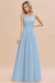 Sky Blue Modest Floral Lace A-line Bridesmaid Dress V-Neck Floor Length Chiffon Wedding Guest Dress 