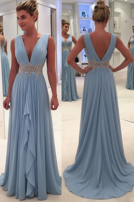 Dusty Blue A Line Deep Neck Sleeveless V Back Beading Pleats Chiffon Long Prom Dress - Prom Dresses