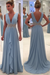 Dusty Blue A Line Deep Neck Sleeveless V Back Beading Pleats Chiffon Long Prom Dress - Prom Dresses