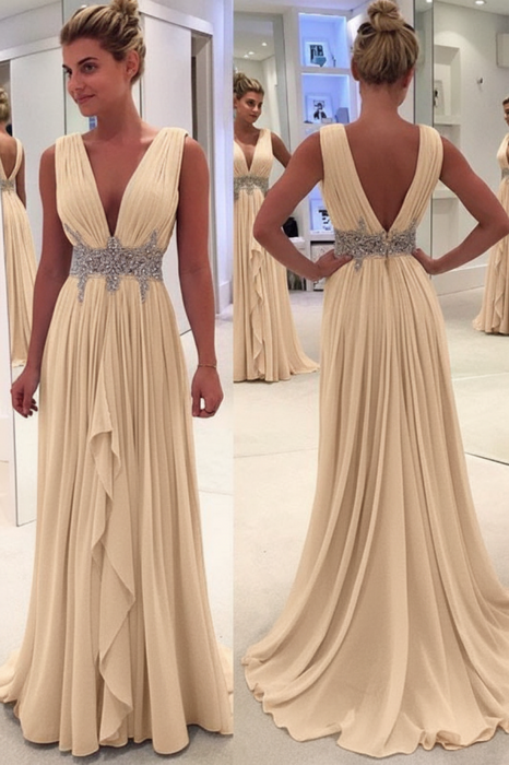 Champagne A Line Deep Neck Sleeveless V Back Beading Pleats Chiffon Long Prom Dress - Prom Dresses