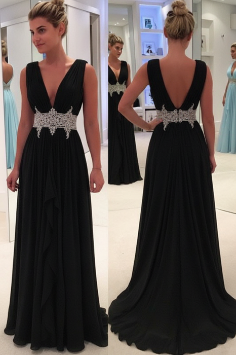 Black A Line Deep Neck Sleeveless V Back Beading Pleats Chiffon Long Prom Dress - Prom Dresses