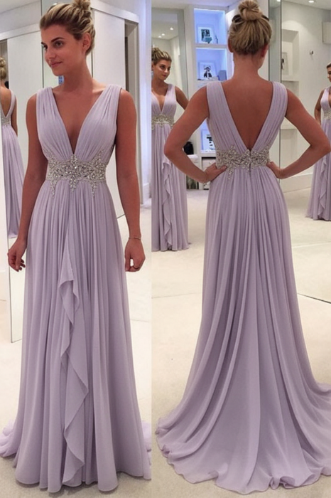 Lilac A Line Deep Neck Sleeveless V Back Beading Pleats Chiffon Long Prom Dress - Prom Dresses