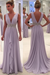 Lilac A Line Deep Neck Sleeveless V Back Beading Pleats Chiffon Long Prom Dress - Prom Dresses