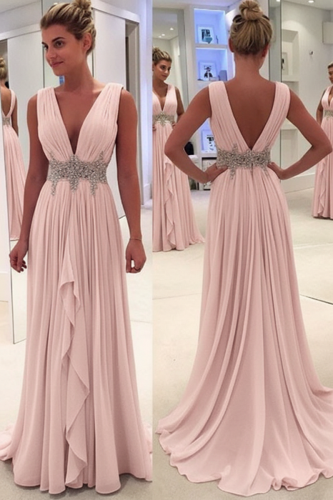 Candy Pink A Line Deep Neck Sleeveless V Back Beading Pleats Chiffon Long Prom Dress - Prom Dresses