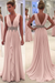 Candy Pink A Line Deep Neck Sleeveless V Back Beading Pleats Chiffon Long Prom Dress - Prom Dresses