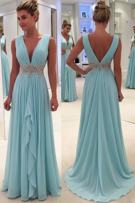 Pool A Line Deep Neck Sleeveless V Back Beading Pleats Chiffon Long Prom Dress - Prom Dresses