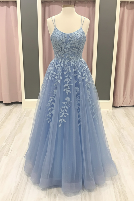Sky Blue A Line Lace Long Prom Dresses
