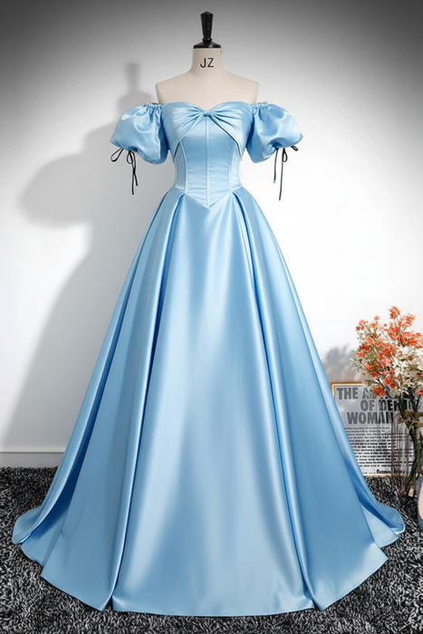 Sky Blue A-Line Pleated Off-The-Shoulder Prom Dress