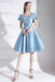 Sky Blue A-Line V-Neck Knee-Length Short Sleeves Pleated Satin Cocktail Dress 