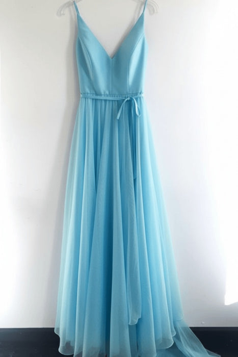 Sky Blue A Line V Neck Spaghetti Straps Tulle Prom Dresses