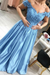 Sky Blue Off-the-Shoulder Lace Applique Satin Aline Evening Dresses