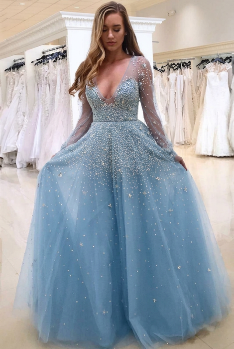 Sky Blue Bridelily A-line Long Sleeves V-neck Floor-length Tulle Pearls Prom Dresses