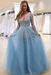 Sky Blue Bridelily A-line Long Sleeves V-neck Floor-length Tulle Pearls Prom Dresses