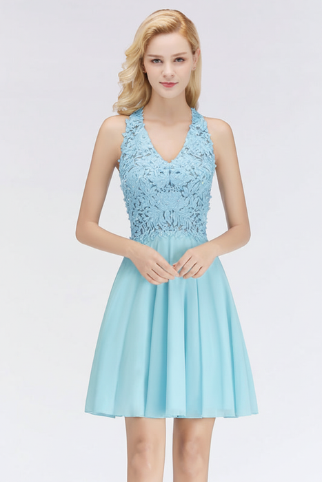 Sky Blue V-Neck Short Lace Bridesmaid Dresses