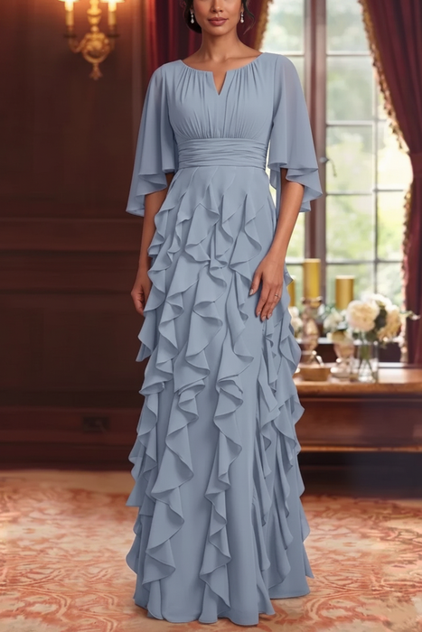 Sky Blue Chiffon Mother of the Bride Dress Flutter Sleeves with Cascading Ruffles