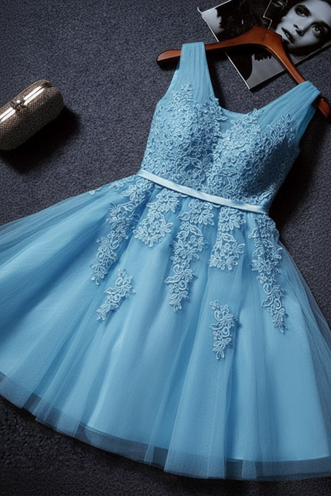 Sky Blue Cute V Neck Sleeveless Appliques Tulle Homecoming Gown A Line Short Prom Dress