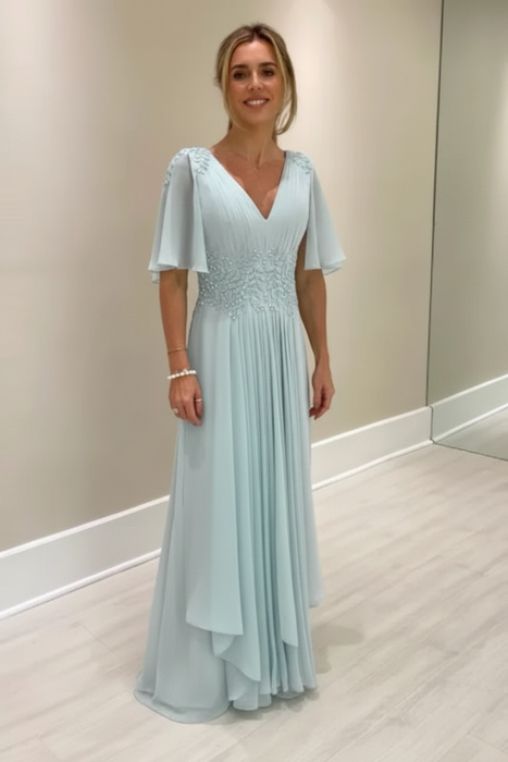 Sky Blue Elegant Half Sleeves V-neck Aline Wedding Guest Dress Chiffon Mother of the Bride Dress - Prom Dresses