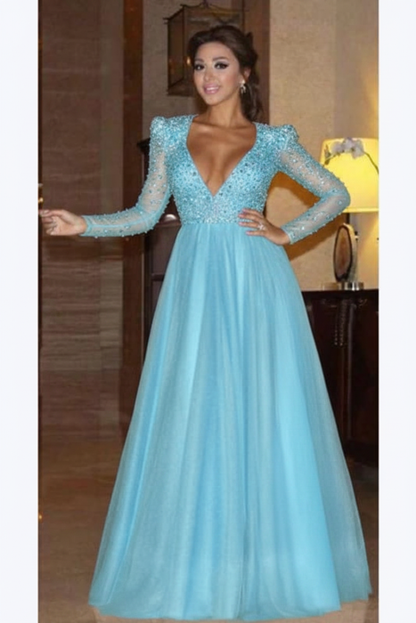 Sky Blue Elegant Long Sleeve Formal Dress with Beads A Line Sparkle V Neck Evening Dresses - Prom Dresses
