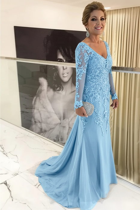 Sky Blue Elegant Long Sleeves Lace mother of the bride dress V-Neck - Prom Dresses