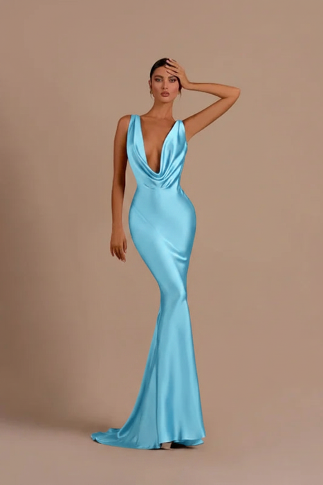 Sky Blue Elegant Champagne Mermaid Prom Dress Long Slimming