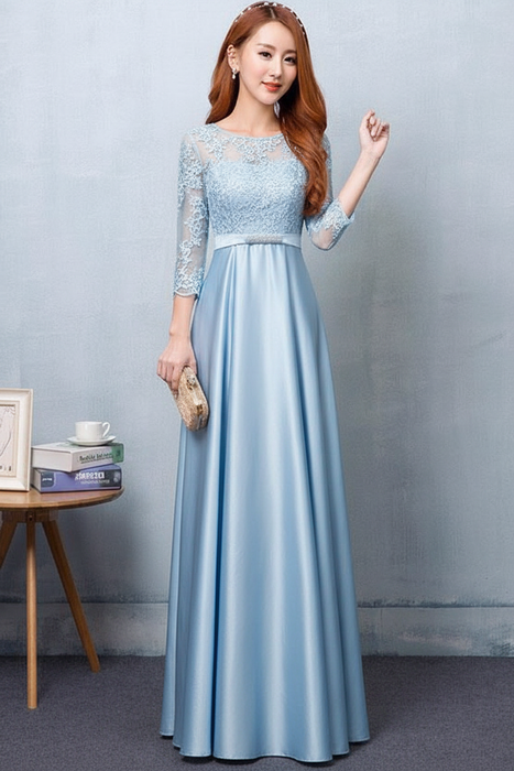 Sky Blue Evening Dress Satin Prom Dress Lace Applique Wedding Guest Dresses Sash A Line Maxi Mother's Dress wedding guest dress
