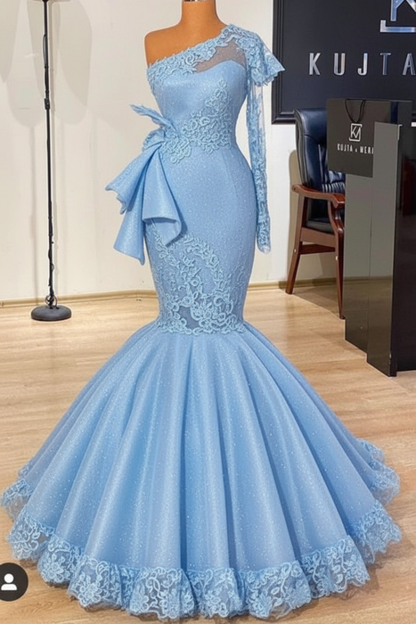 Sky Blue Glitter Mermaid Prom Dress Long Sleeves Floral Lace Party Dress - Prom Dresses